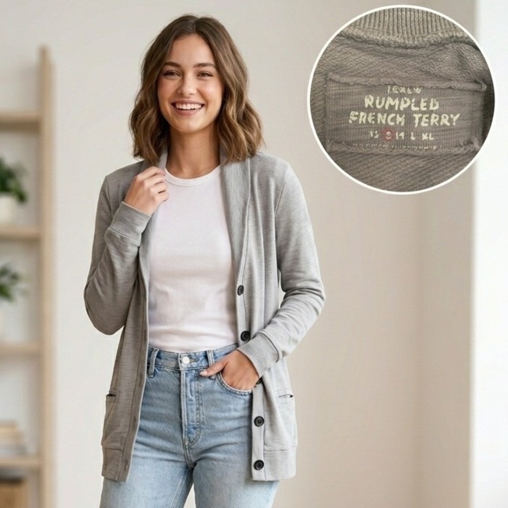 J.Crew Rumpled French Terry Shawl Collar Cardigan Gray Cotton Small‎ 13658